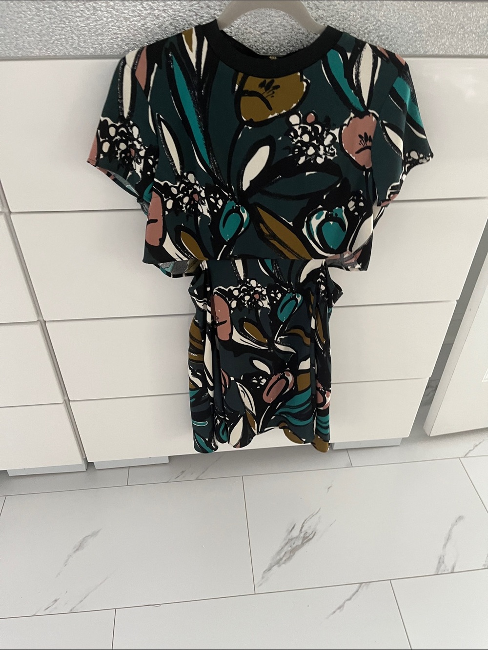 Topshop Black Teal & Blush Floral Tie-Waist Mini Dress
